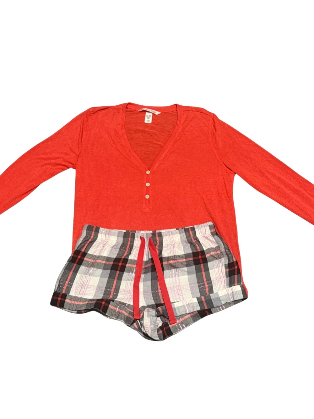 Victoria's Secret Red Long-Sleeve V-Neck Henley Top with Plaid Shorts